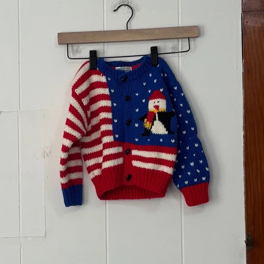 Vintage Handknits by BJ Kids Penguin American Flag USA‎ Crochet Sweater 24M